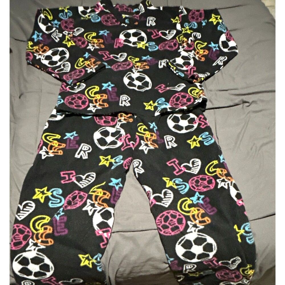 Girls Size 10 Fleece 2-Piece Long Sleeve Soccer Ball Graphic Pajama Set
